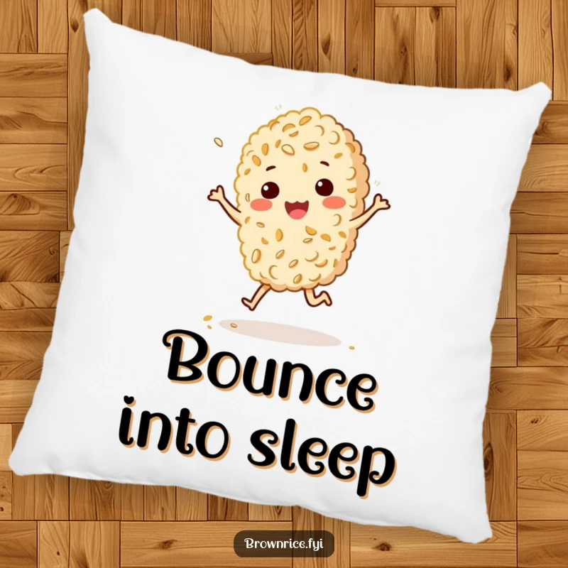Funny pillow featuring a brown rice grain character doing a happy, bouncy jig with a sprinkle of sesame, offering comfort and cheer.