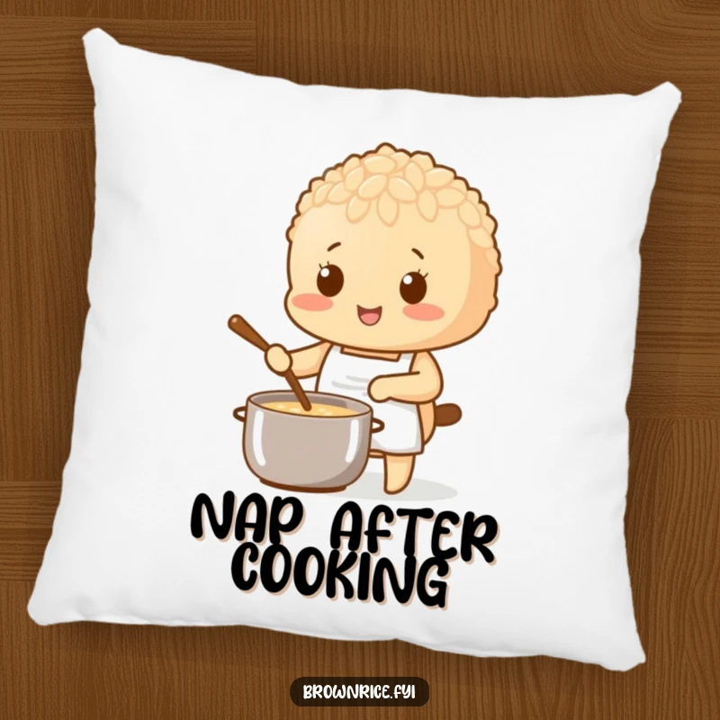 Brown rice character wearing a tiny apron, stirring a pot, a soft and humorous pillow accent.