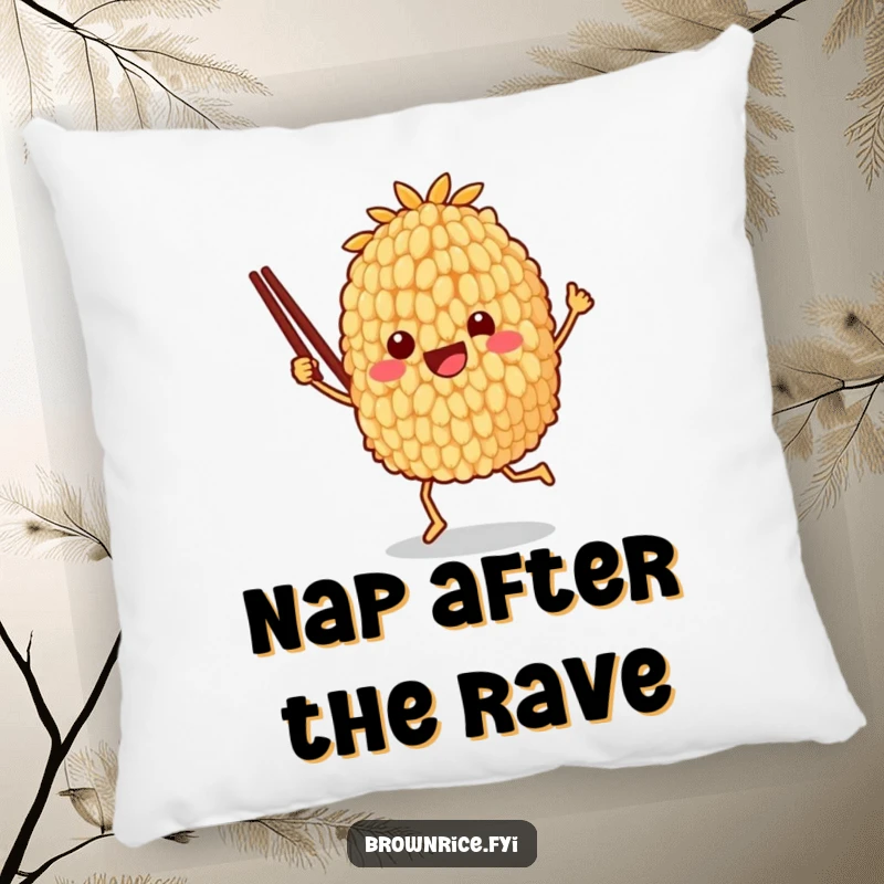 Funny pillow featuring a brown rice grain character joyfully dancing with chopsticks, offering comfort and a humorous visual.