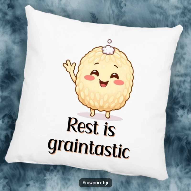 Funny Pillow with a smiling brown rice grain character waving hello, a tiny salt speck accentuating its head for charm.