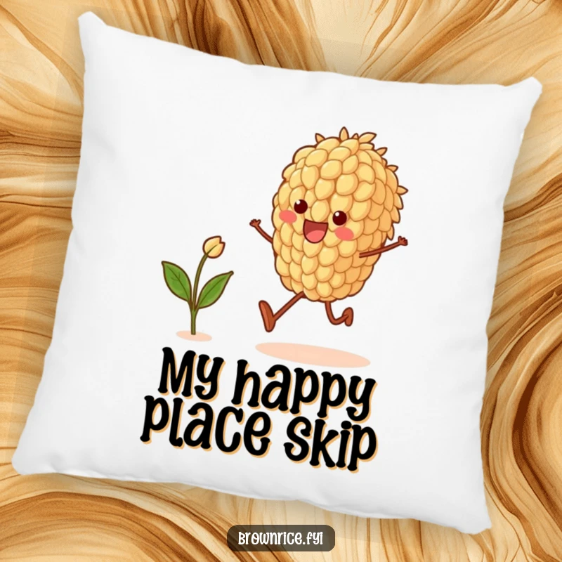 Funny pillow showcasing a happy brown rice grain character mid-skip with a sprout, offering comfort and a dose of lighthearted fun.