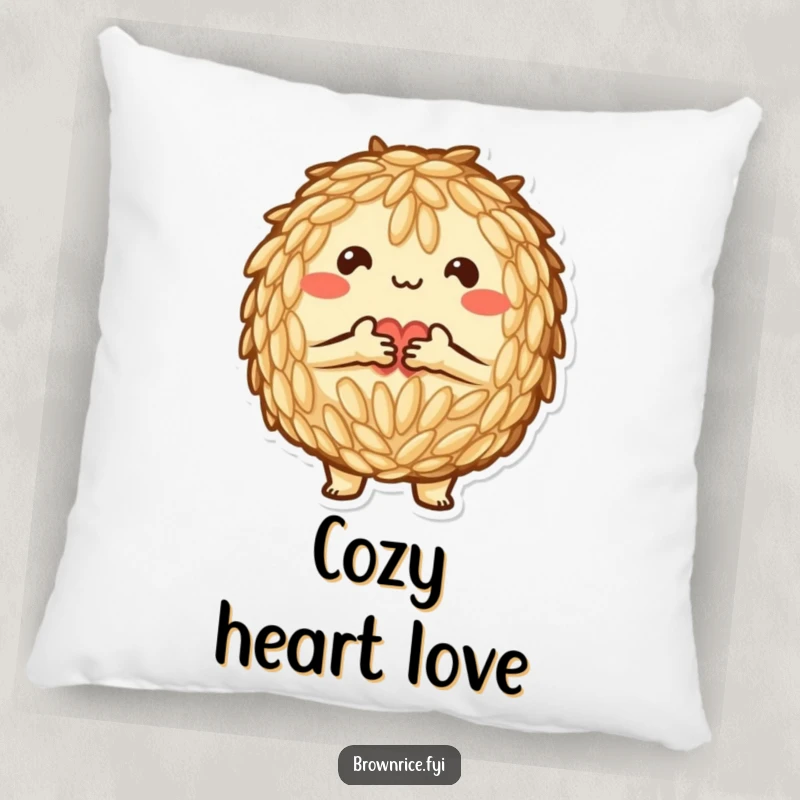 Funny Pillow: A brown rice character tenderly forms a heart with grains, offering cozy comfort and love.