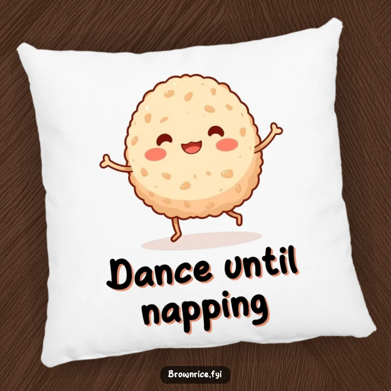 Funny kawaii brown rice ball with tiny legs in a hilarious, mid-dance pose, printed on a soft, plush pillow.