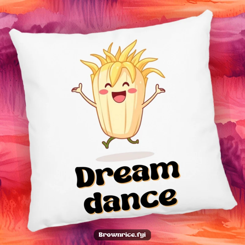 Grinning stalk of rice character dancing with happy abandon, featured on a soft, humorous pillow.