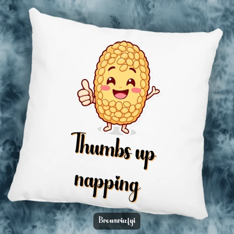 Funny jolly brown rice grain character giving a thumbs-up, offering cheerful comfort on a plush pillow.