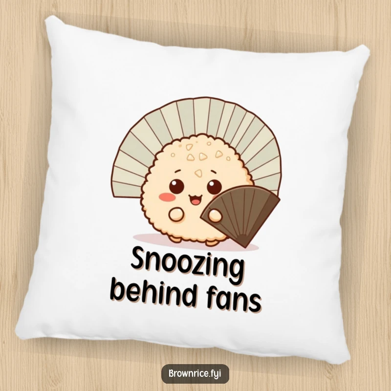 Funny mischievous brown rice ball peeking out from behind a fan, a soft and cuddly pillow with a cute cartoon design.