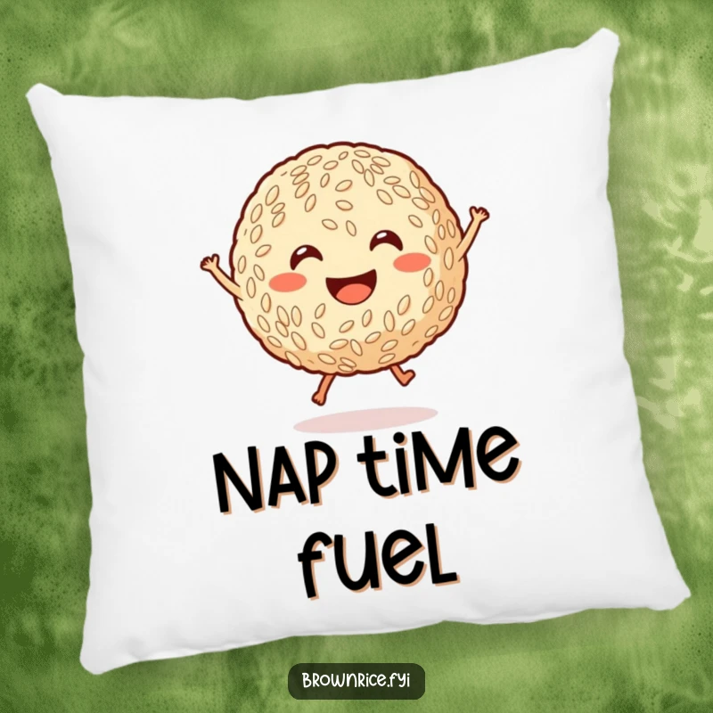 Funny smiling brown rice ball with tiny legs jumping joyfully, a soft and cuddly pillow featuring a cheerful cartoon character.