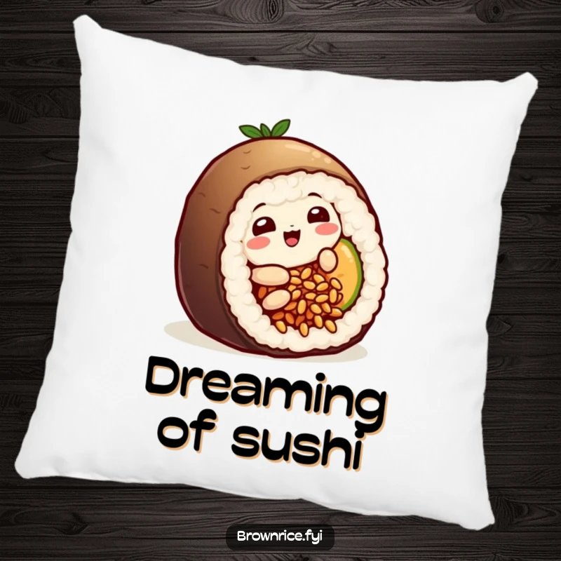Funny playful brown rice grain character humorously sliding into a sushi roll, offering cozy and amusing comfort on a plush pillow.