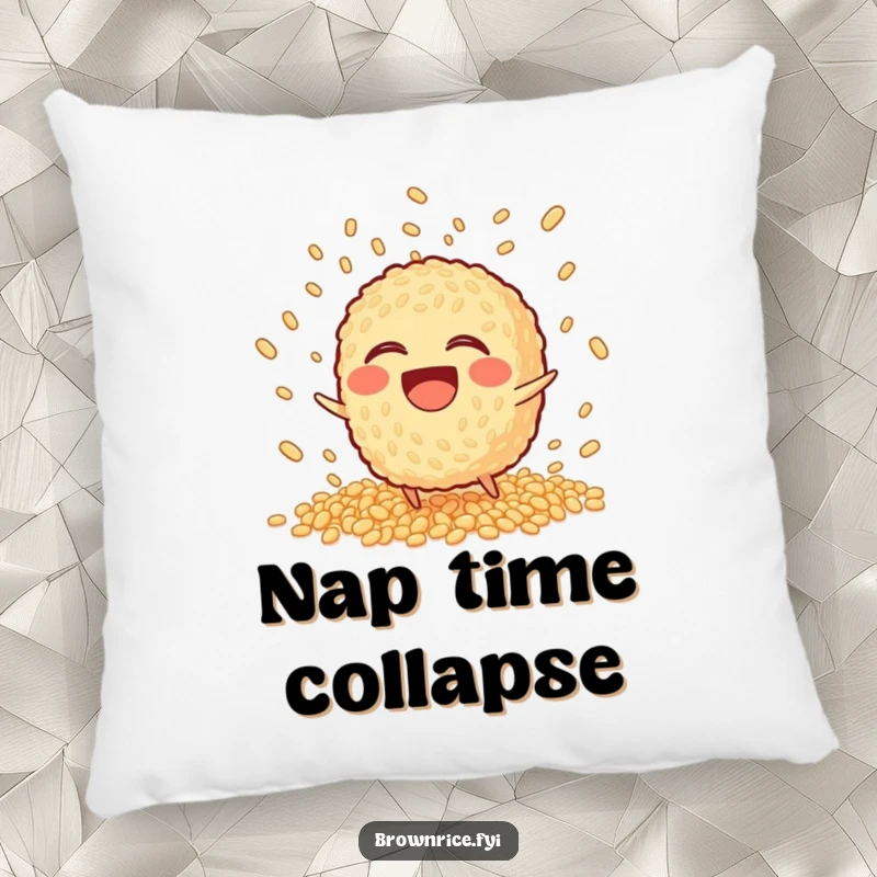 Funny Pillow with a laughing brown rice character tripping, scattering its grains in a playful explosion.