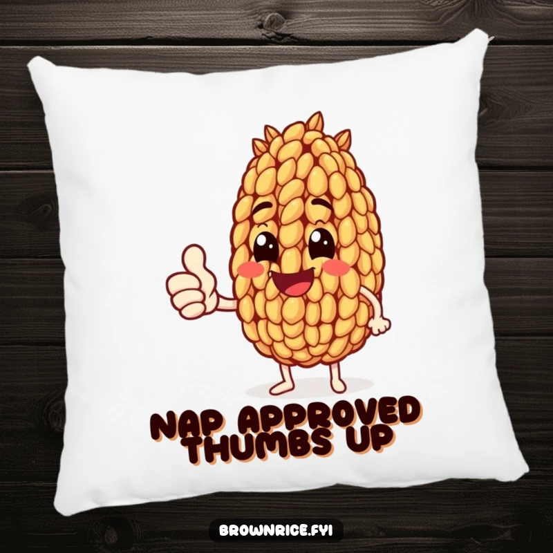 Funny pillow featuring a brown rice grain character enthusiastically giving a thumbs up, offering comfort and a positive message.