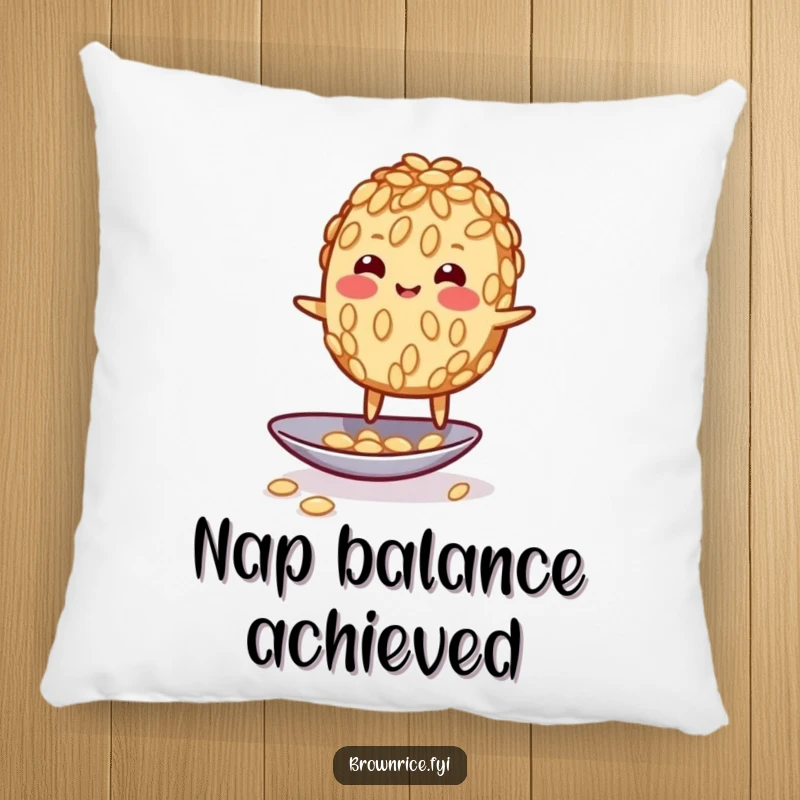 Funny wobbly brown rice grain character humorously balancing on a spoon, offering amusing comfort on a plush pillow.