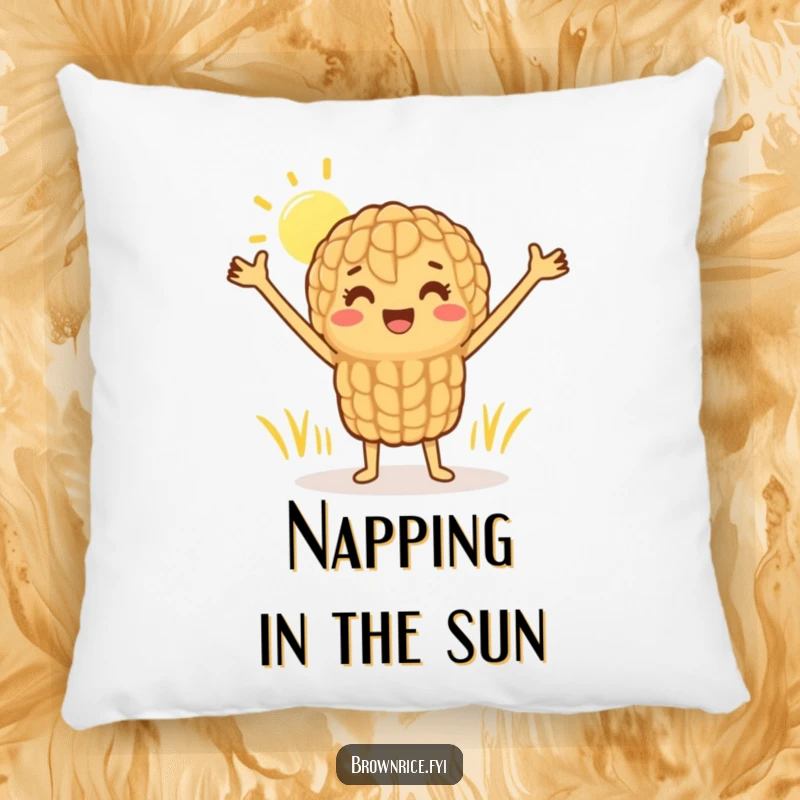 Funny pillow featuring a happy brown rice grain character stretching into the sun, soft and cheerful for a touch of playful decor.