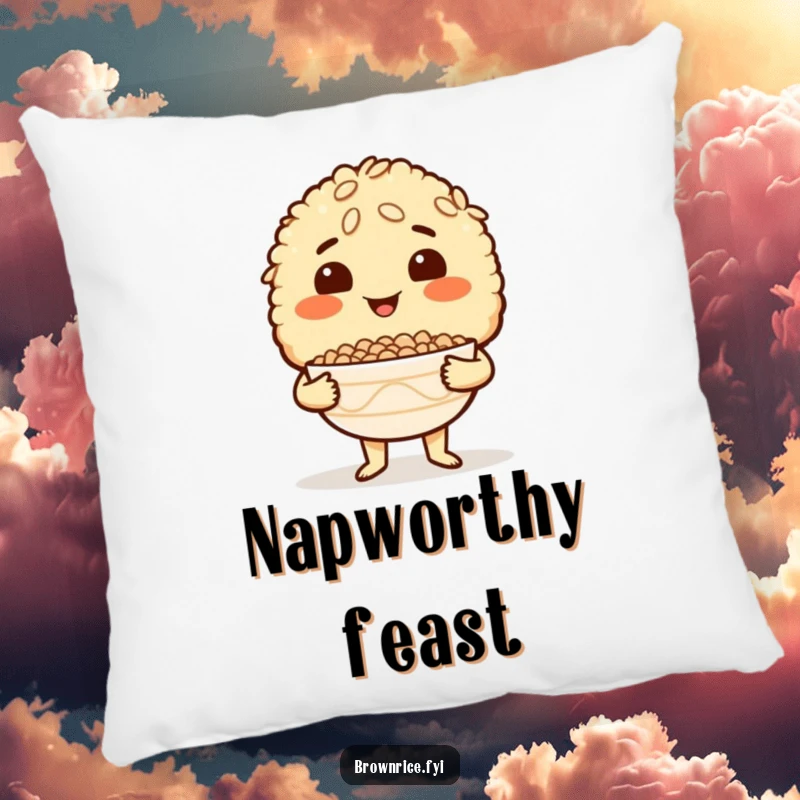 Funny Brown Rice Pillow showcasing a proud brown rice character holding an empty bowl, perfect for adding cozy culinary charm.