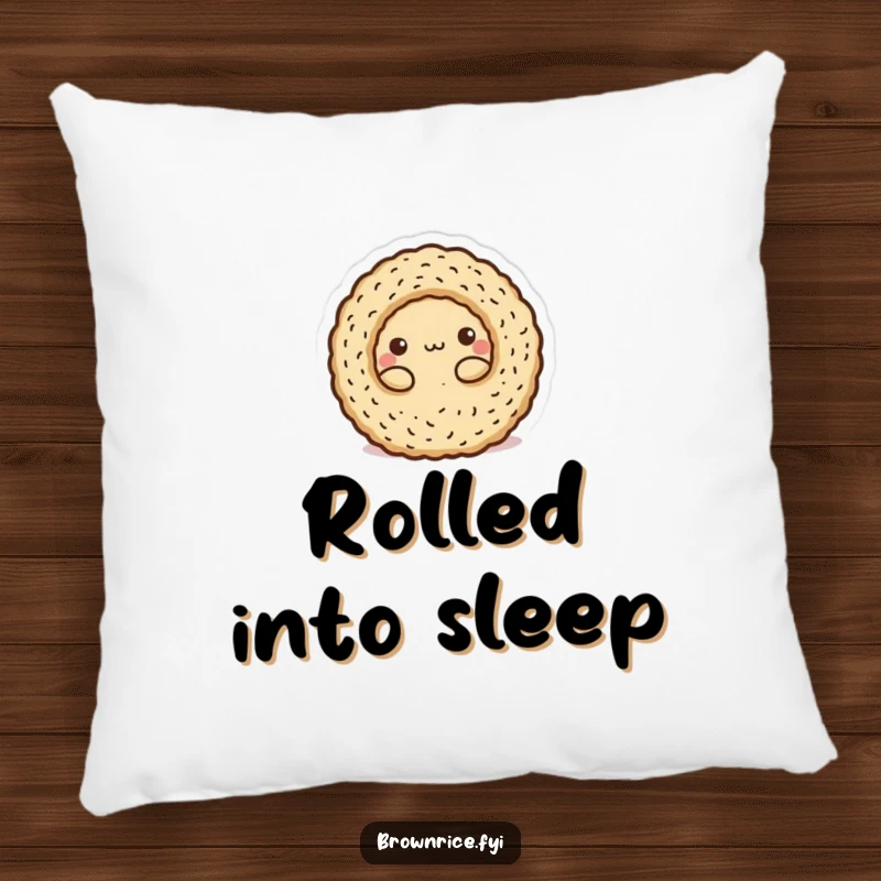 Funny Pillow: A brown rice character snugly rolled into a round ball, offering cozy comfort and smiles.