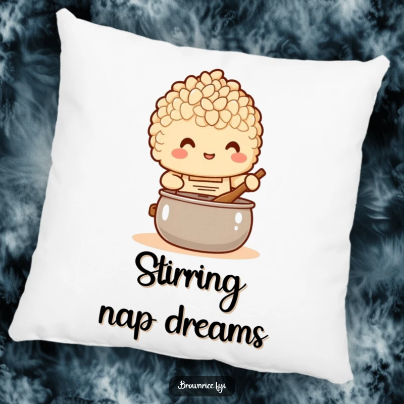 Funny Pillow: A brown rice character in an apron stirring a pot, offering cozy comfort and kitchen cheer.