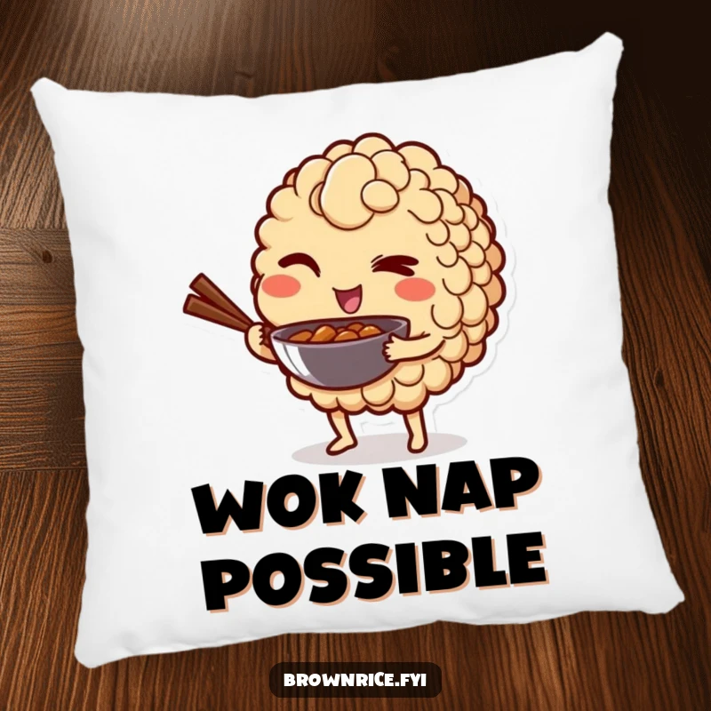 Funny pillow featuring a brown rice grain character winking playfully while holding a mini wok, offering comfort and humor.
