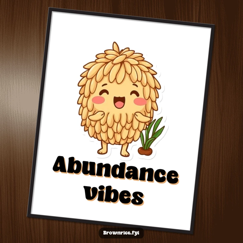 Funny Brown Rice Digital Art Print of an excited brown rice character celebrating a healthy harvest with fresh produce.