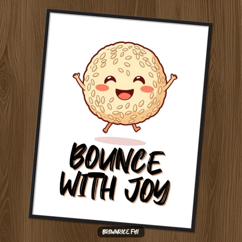 Funny smiling brown rice ball with tiny legs jumping joyfully, a high-resolution digital art print of a cheerful cartoon for immediate download.