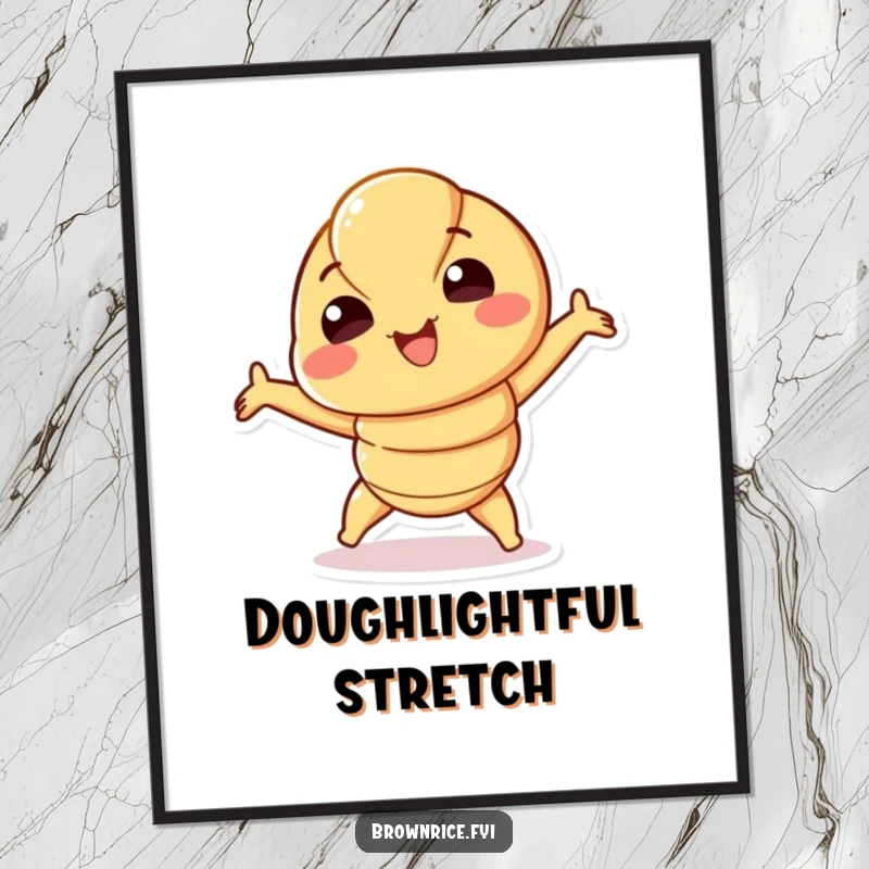 Funny Croissant Digital Art Print: a smiling croissant character in a playful stretch, perfect for printable decor. A fantastic funny gift.