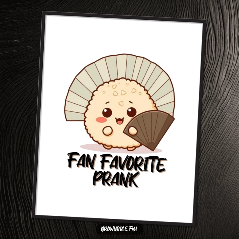Funny mischievous brown rice ball peeking out from behind a fan, a high-resolution digital art print with a cute cartoon character.