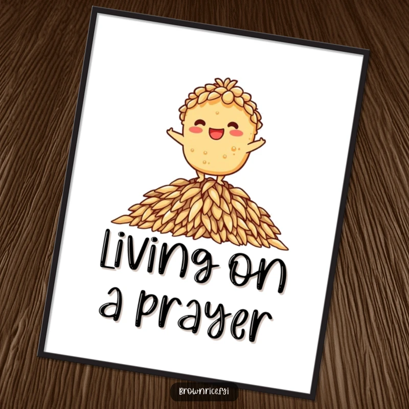 Funny digital art print of a brown rice character grinning while balanced on a pile of rice, excellent funny gift.