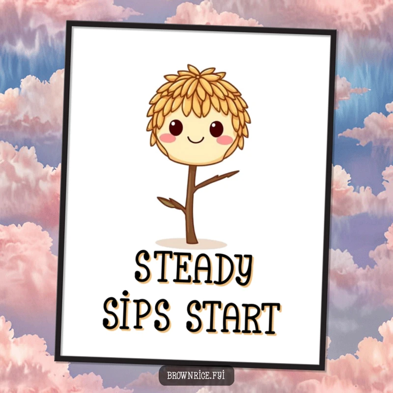 Funny smiling brown rice grain balancing on a twig, as a downloadable digital art print.