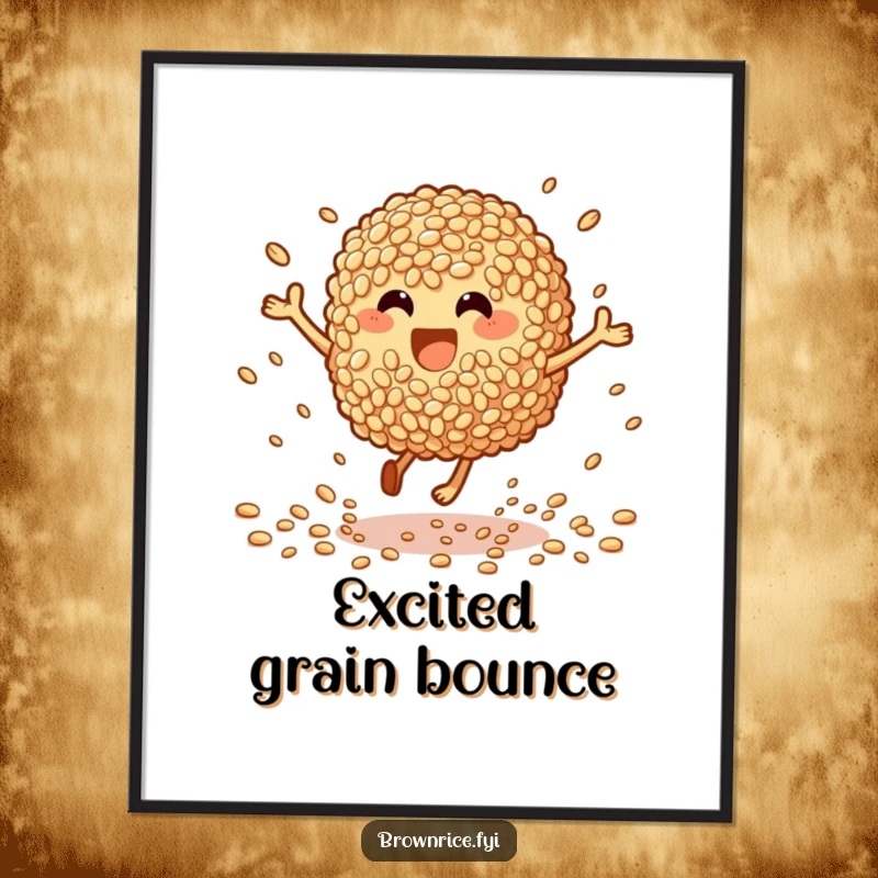Funny Digital Art Print: A brown rice character joyfully bouncing, grains scattering, capturing limitless, happy energy.