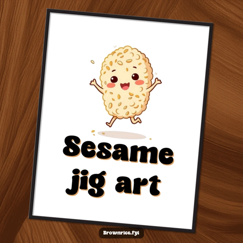 Funny digital art print of a brown rice grain character doing a happy, bouncy jig with a sprinkle of sesame, perfect for cheerful decor.