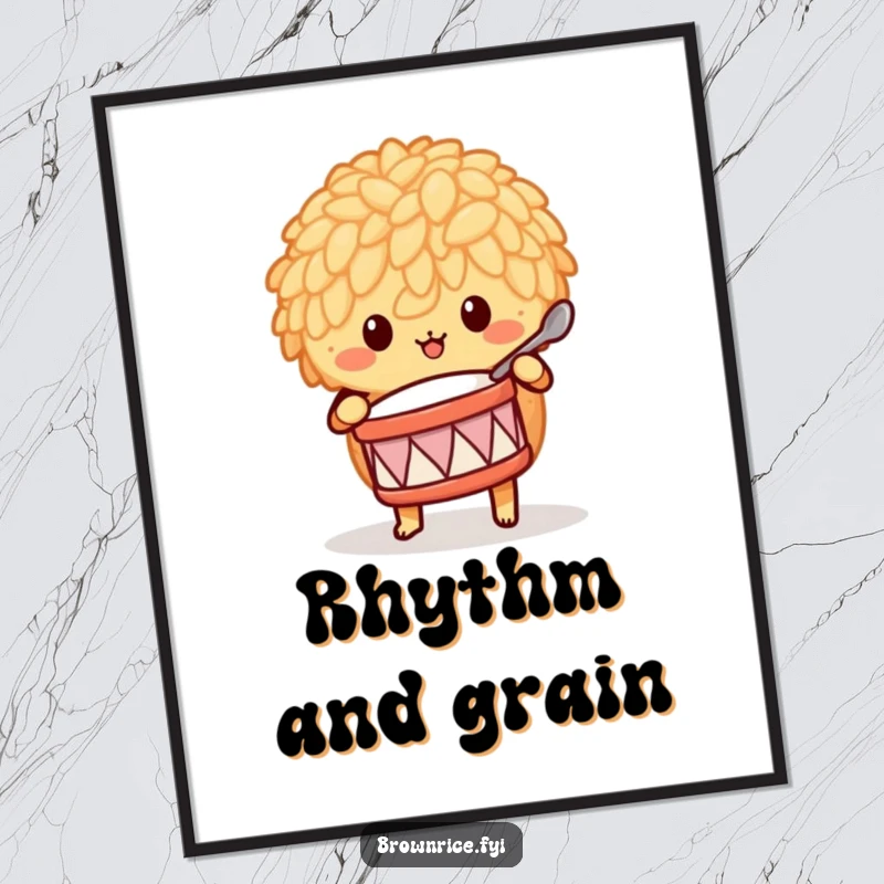 Funny brown rice character enthusiastically drumming with a spoon, as a vibrant digital art print.