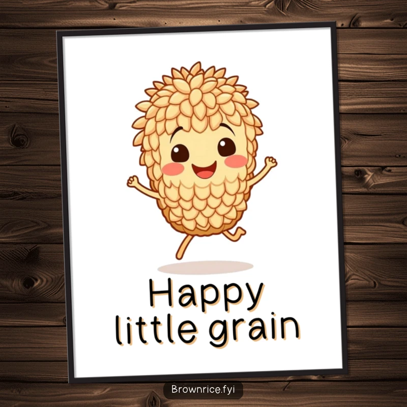 Funny digital art print of a happy brown rice grain character performing an energetic hop, bringing playful vibes.