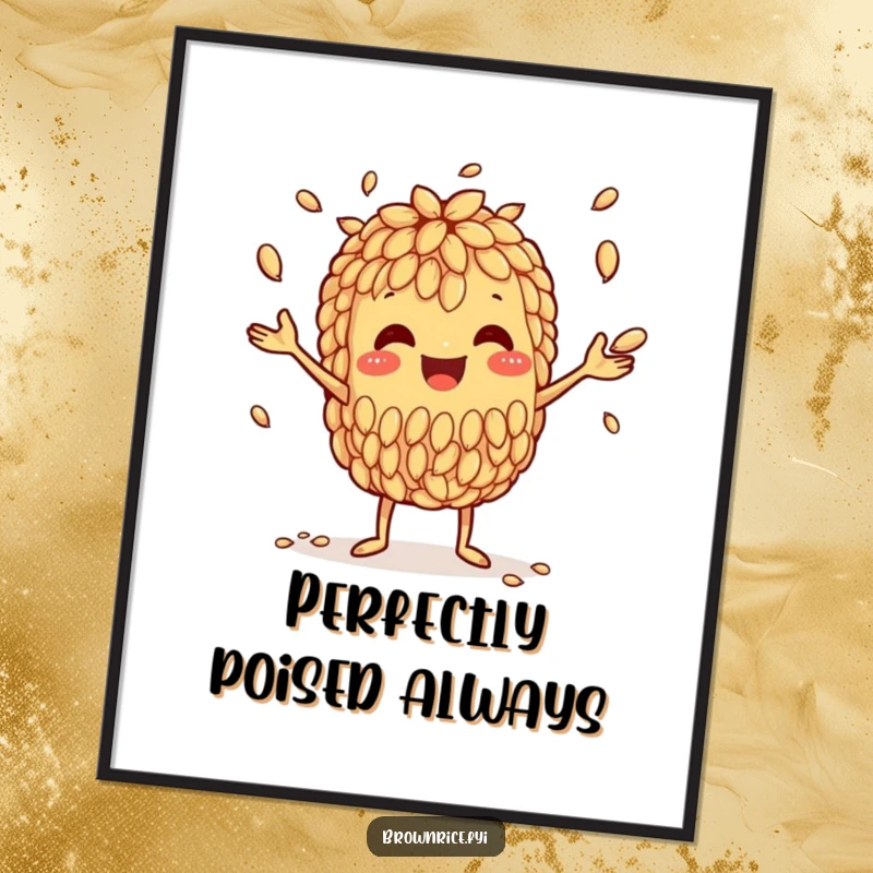 Funny digital art print of a happy brown rice grain character expertly juggling smaller grains, showcasing playful dexterity.