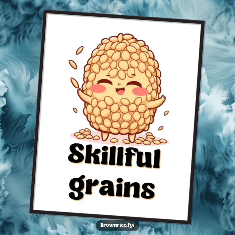 Funny brown rice character digital art print, winking with impressive dexterity while juggling miniature rice grains, humorous and skillful.
