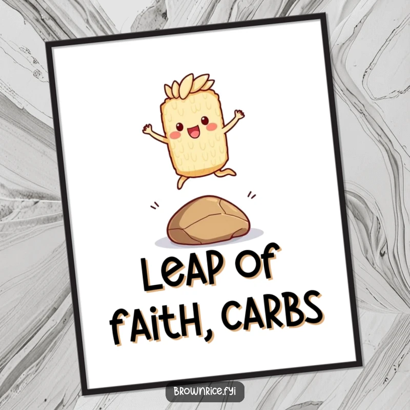 Funny digital art print of a brown rice character joyfully leaping over a small pebble, ready to be printed for energetic decor.