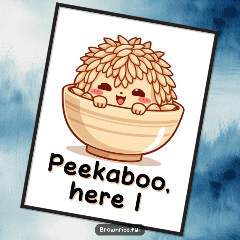 Funny digital art print of a mischievous brown rice grain character peeking from a bowl, conveying playful charm.
