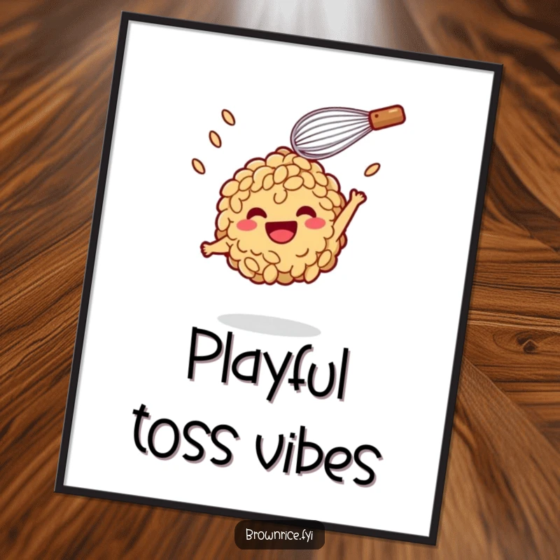 Funny Digital Art Print: A brown rice character playfully tossed by a smiling whisk, capturing pure, unadulterated fun.