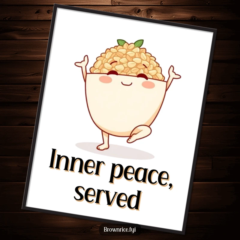 Funny digital art print of a smiling brown rice bowl character in a yoga pose, ready to be printed for serene decor.