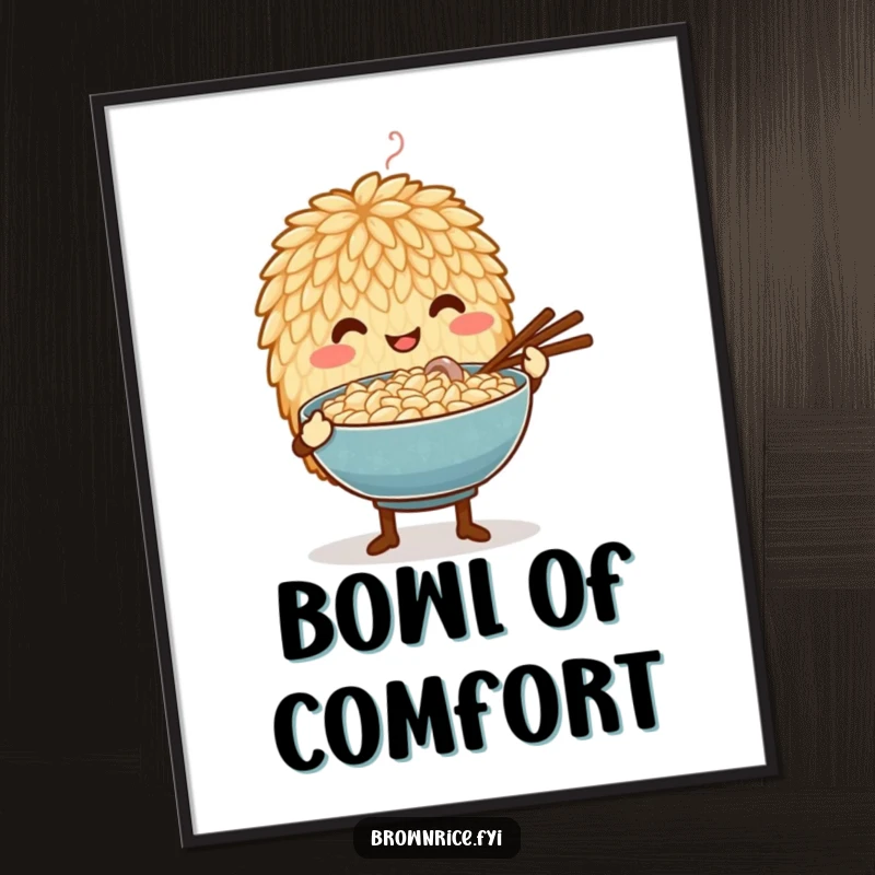 Funny digital art print of a brown rice grain character extending a steaming bowl with an expression of genuine care and gentle affection.