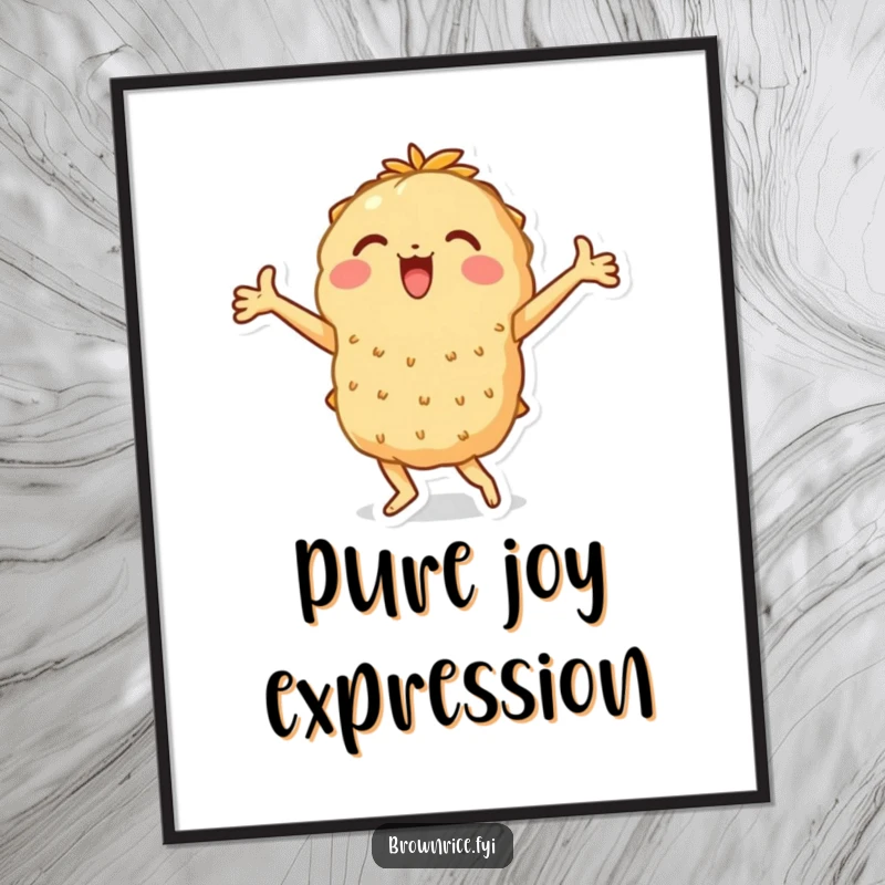 Funny digital art print of a brown rice character in a jubilant dance with arms spread wide, excellent funny gift.