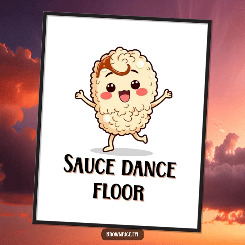 Funny brown rice character performing a silly dance with soy sauce, as a vibrant digital art print.