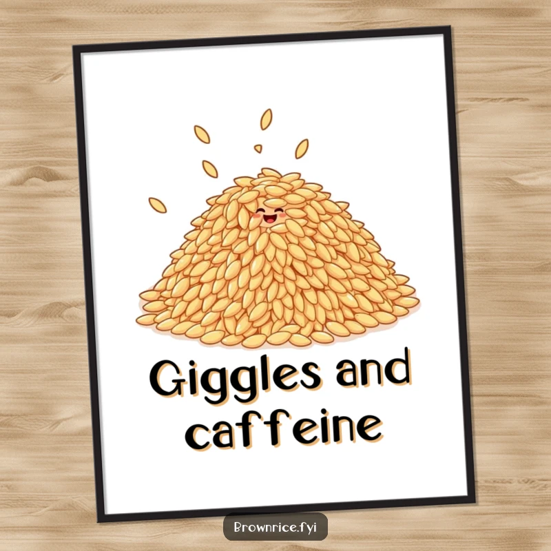 Funny pile of brown rice grains giggling and bouncing playfully, as a downloadable digital art print.