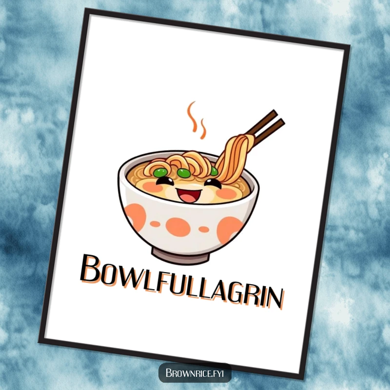 Funny Ramen Digital Art Print: a delighted ramen bowl with a wide grin, ready to be printed for humorous decor. A fantastic funny gift.
