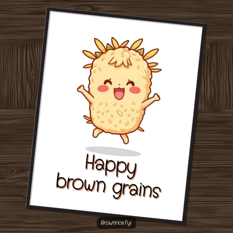 Funny digital art print of a brown rice character happily bouncing, ideal for wall decor.