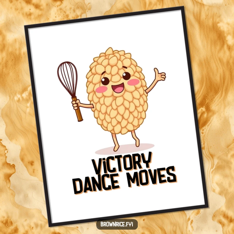 Funny digital art print of a brown rice grain character in a dynamic victory dance with a whisk, celebrating with infectious energy.
