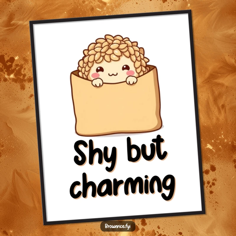 Funny Digital Art Print of a shy brown rice character peeking from a brown paper bag with a warm smile.
