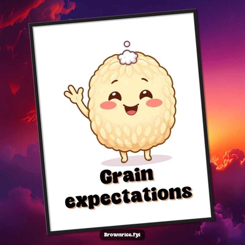 Funny Digital Art Print of a smiling brown rice grain character waving, a tiny salt speck on its head, for humorous decor.