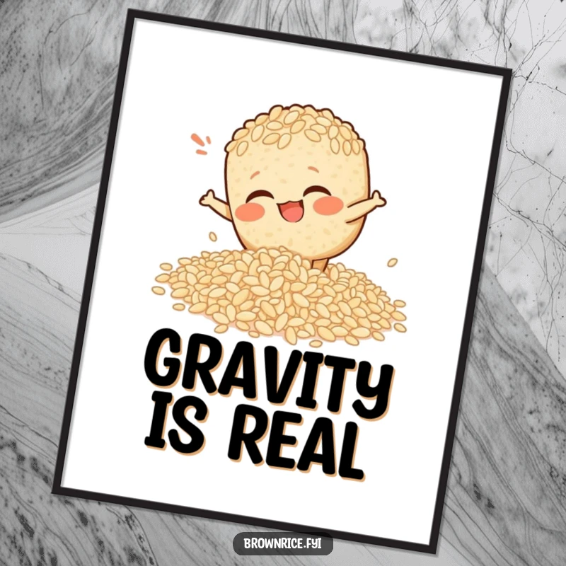 Funny digital art print of a brown rice character comically slipping on scattered rice, excellent funny gift.