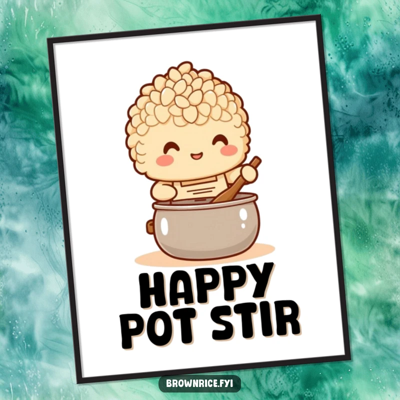 Funny Digital Art Print: A brown rice character in a chef's apron happily stirring a pot, celebrating culinary joy.