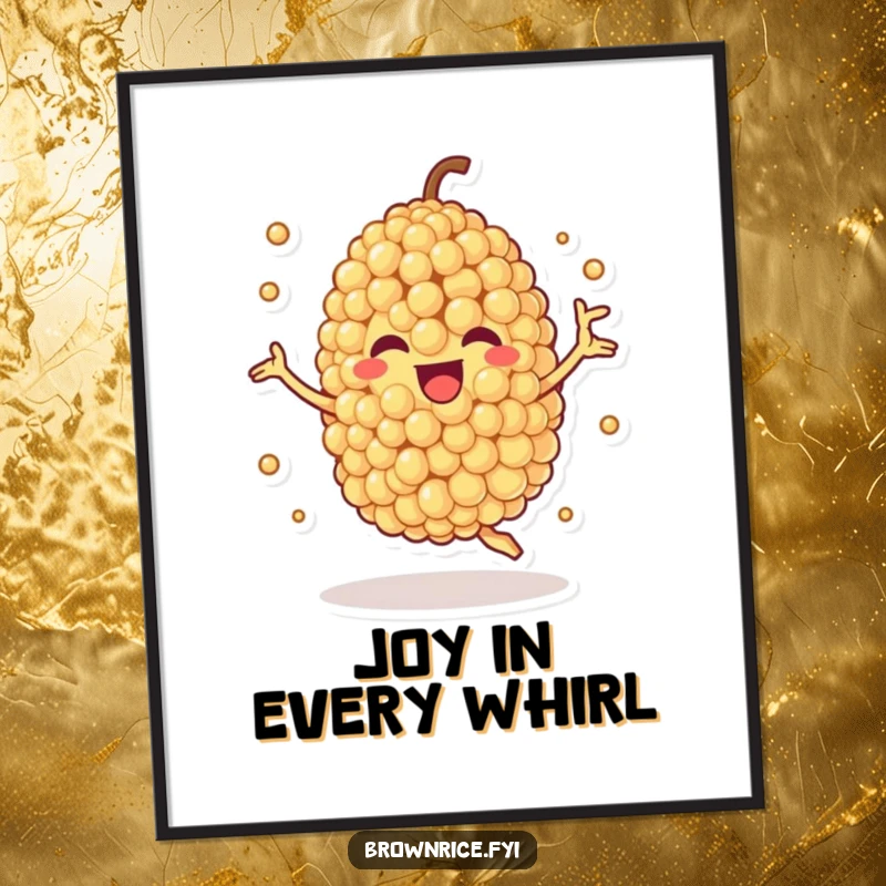 Funny digital art print of a quinoa grain character spinning joyfully, perfect for instant download and healthy-themed wall decor.