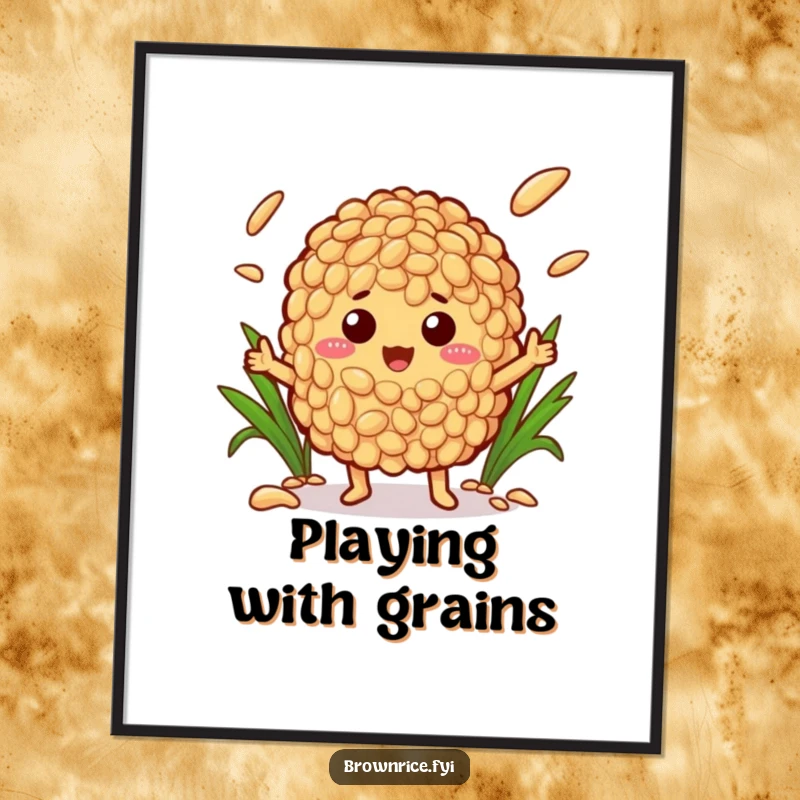 Funny digital art print of a brown rice character energetically juggling different types of rice grains, full of personality and humor.