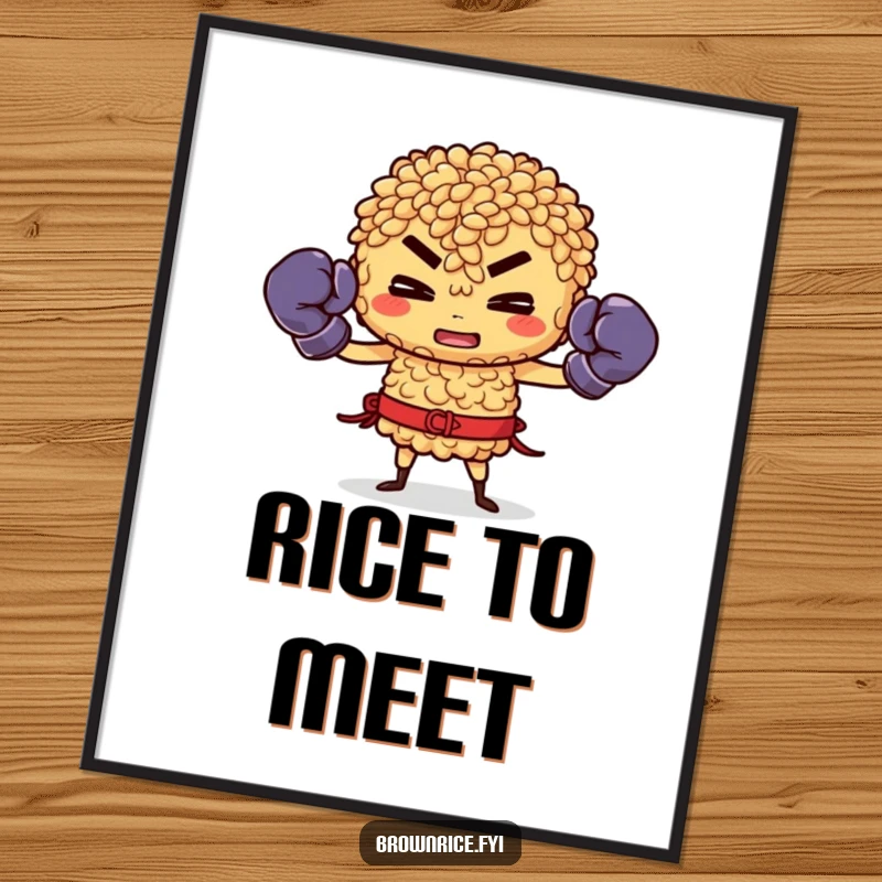Funny Brown Rice Digital Art: Brown rice character in boxing gloves, ready to fight, motivational decor.